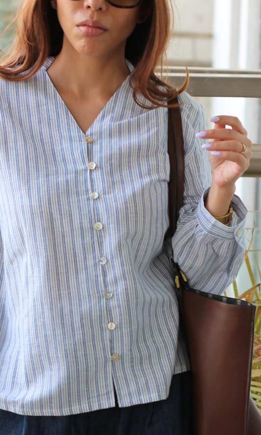Blue Linear Buttoned Top