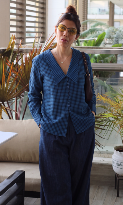 Cobalt Blue Check Oversized Collar Shirt
