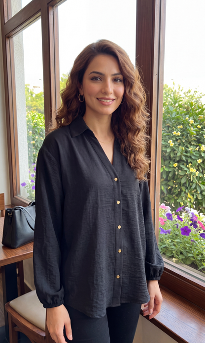 Black Metallic Buttoned Balloon Sleeved Shirt