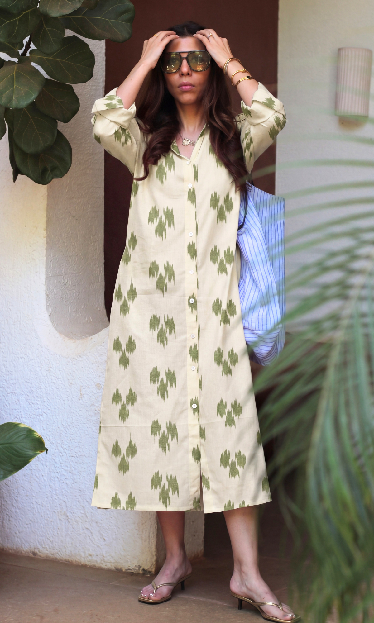 Olive Ikat Print Shirt Dress