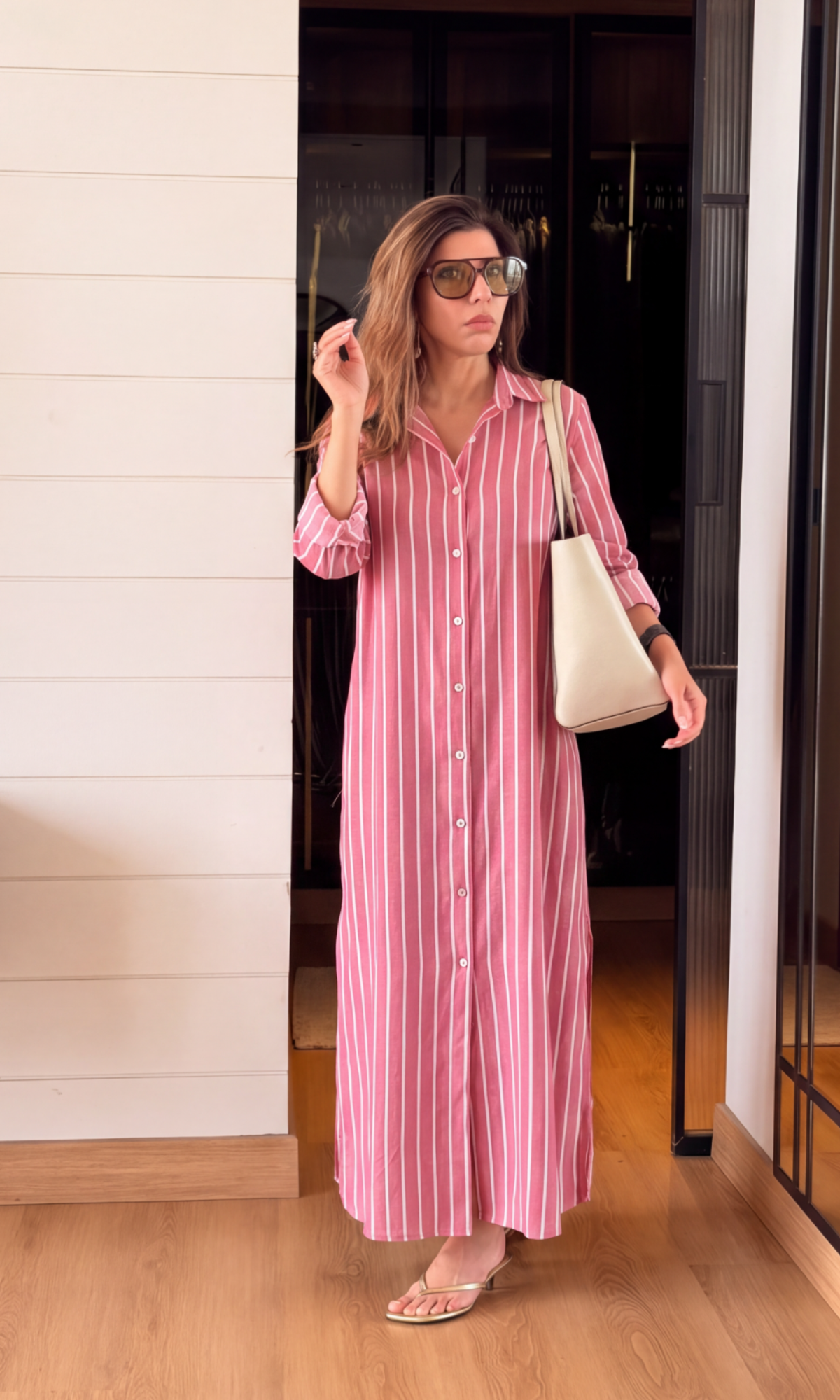 Brick Red Stripe Cotton Shirt-Dress