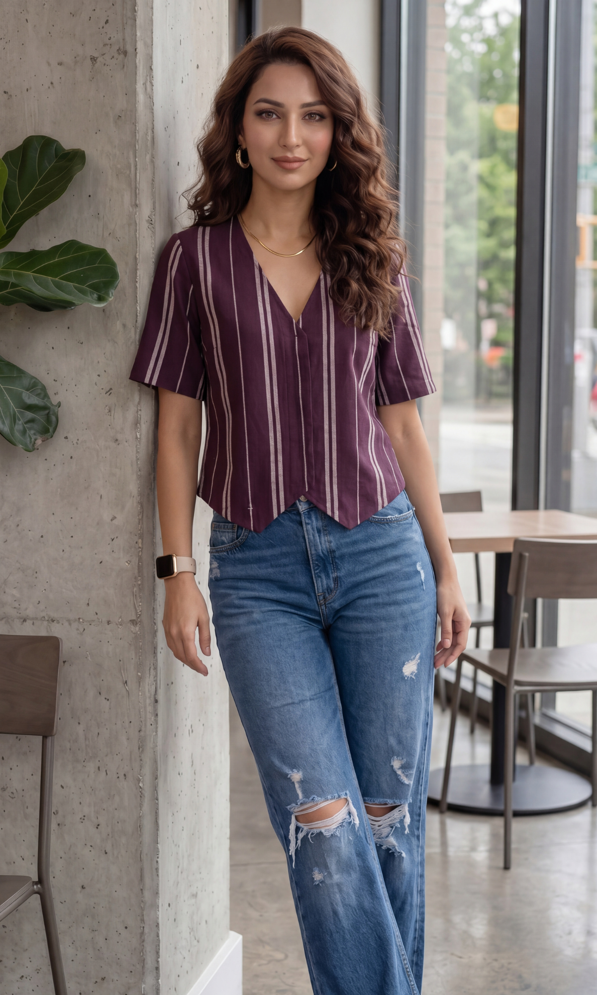 Linear Wine Sleeved Cotton Waistcoat