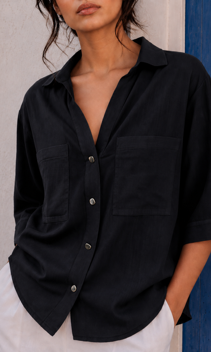 Black Metallic Button Boxy Shirt