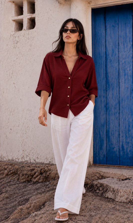 Brick Red Metallic-Button Boxy Shirt