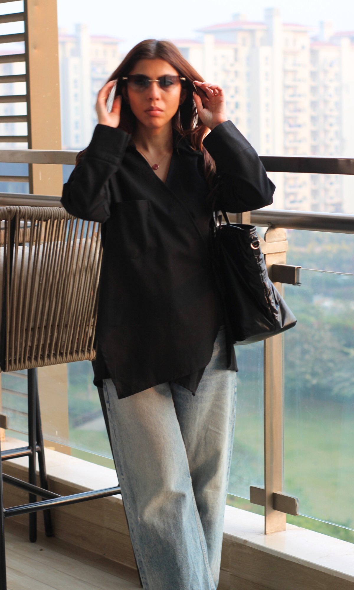 Black linen kimono top with cut-out detail for women