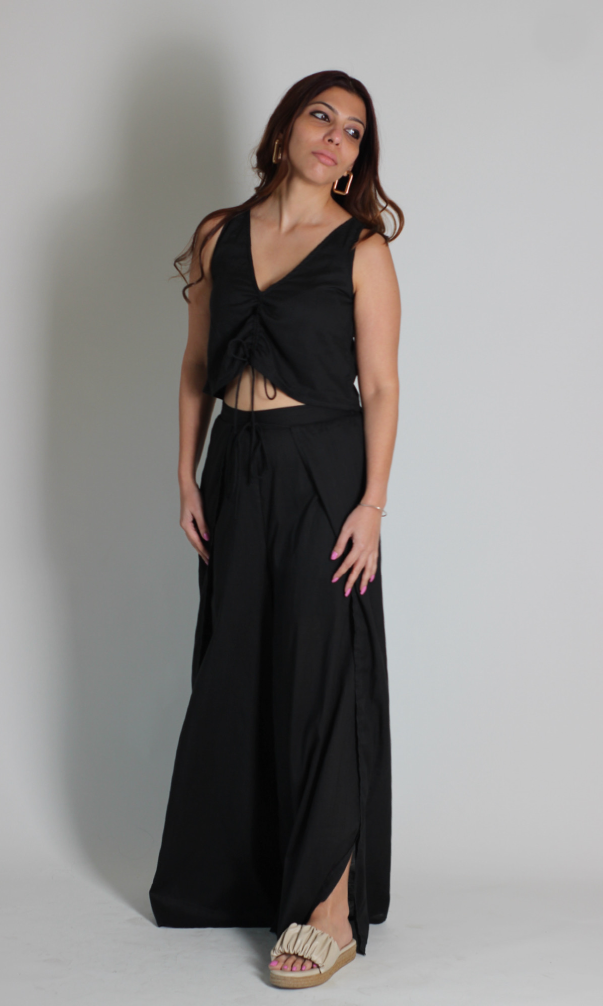 Smoked Black Drawstring Top and Slit Pants