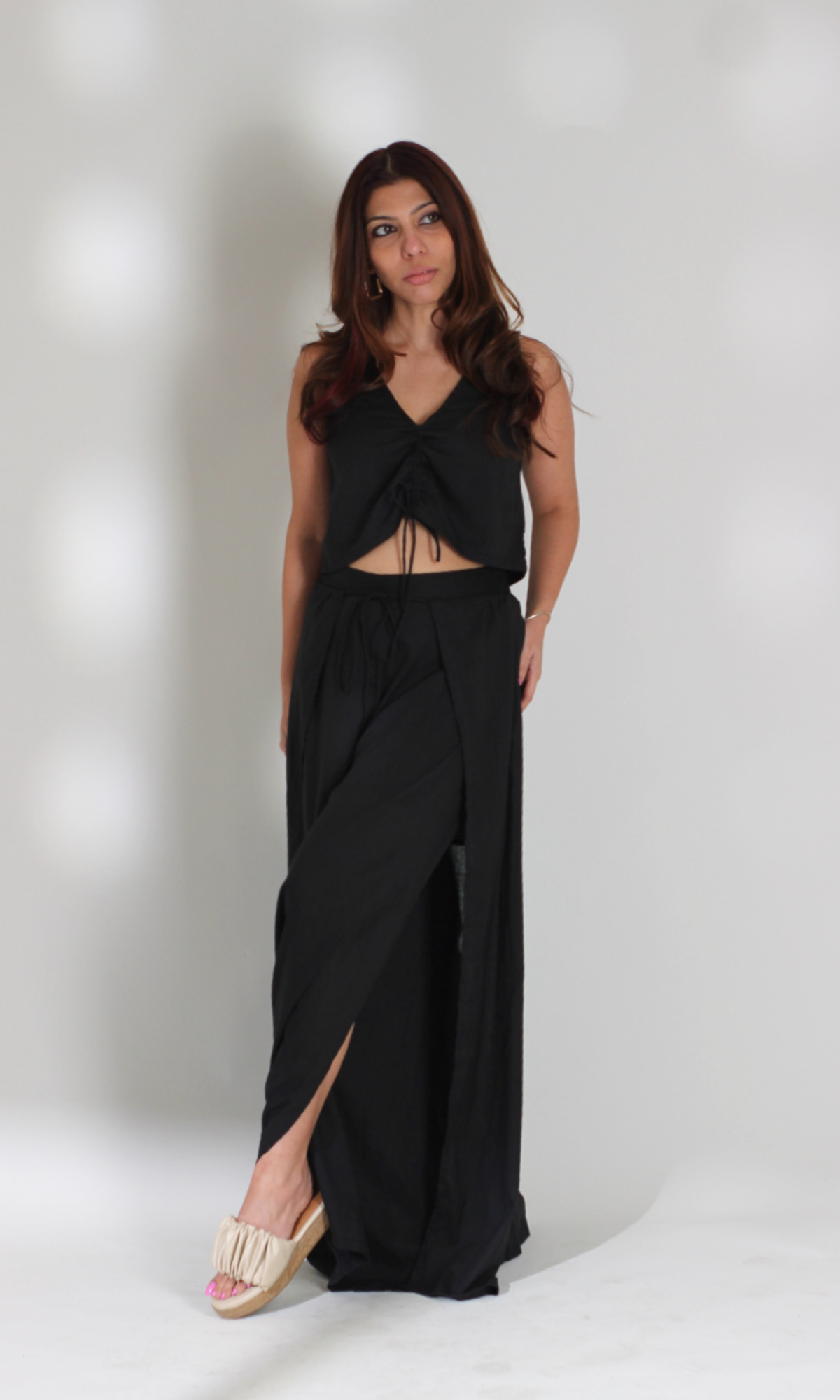 Smoked Black Drawstring Top and Slit Pants