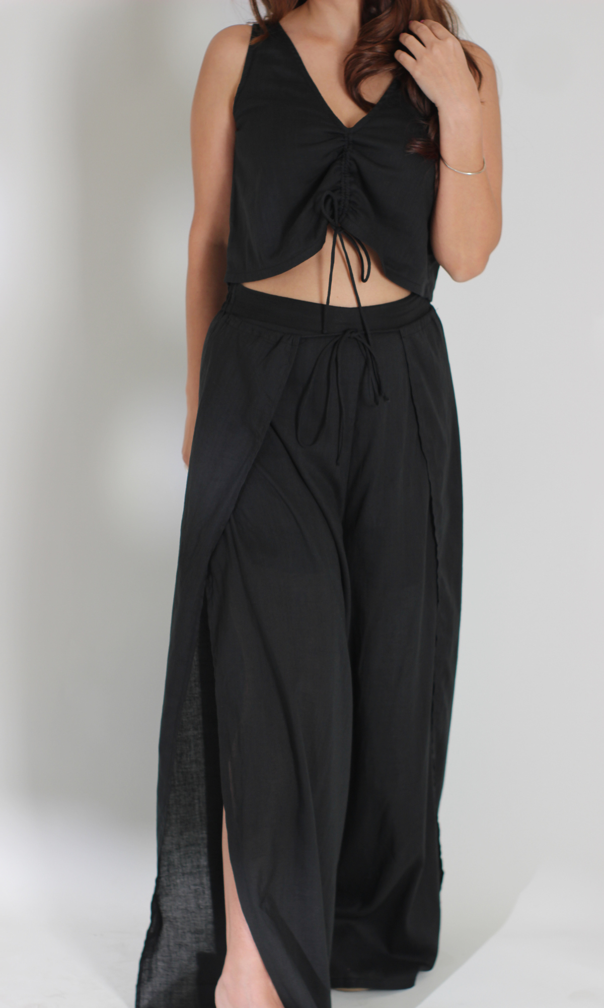 Smoked Black Drawstring Top and Slit Pants