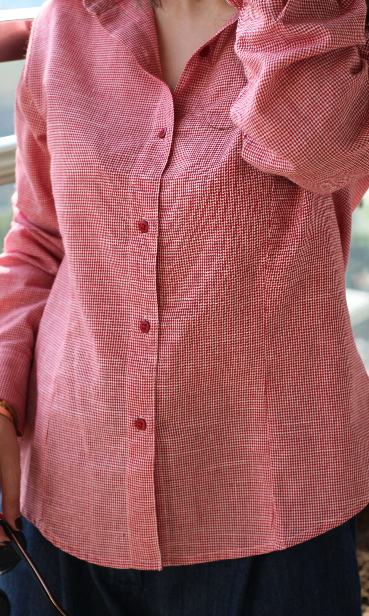 Coral Micro-Check Peplum Shirt