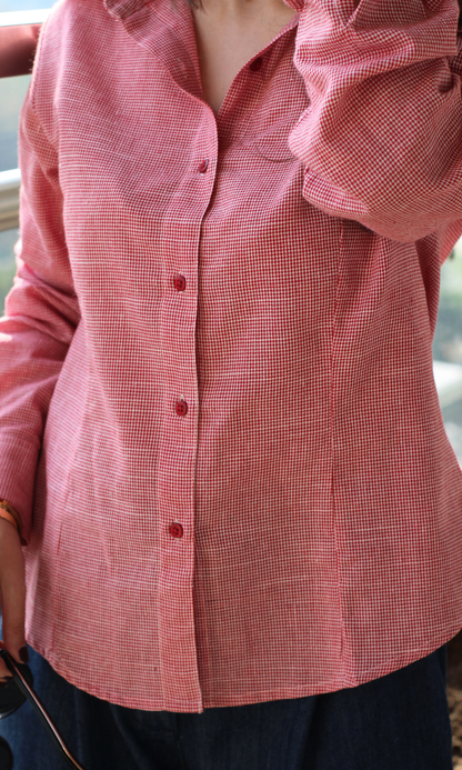 Coral Micro-Check Peplum Shirt