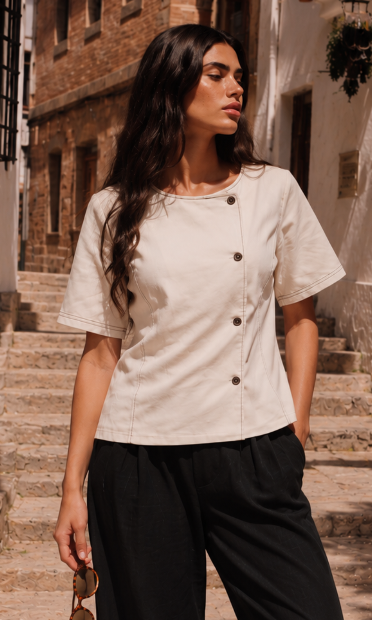 White Denim Contrast Stitch Top