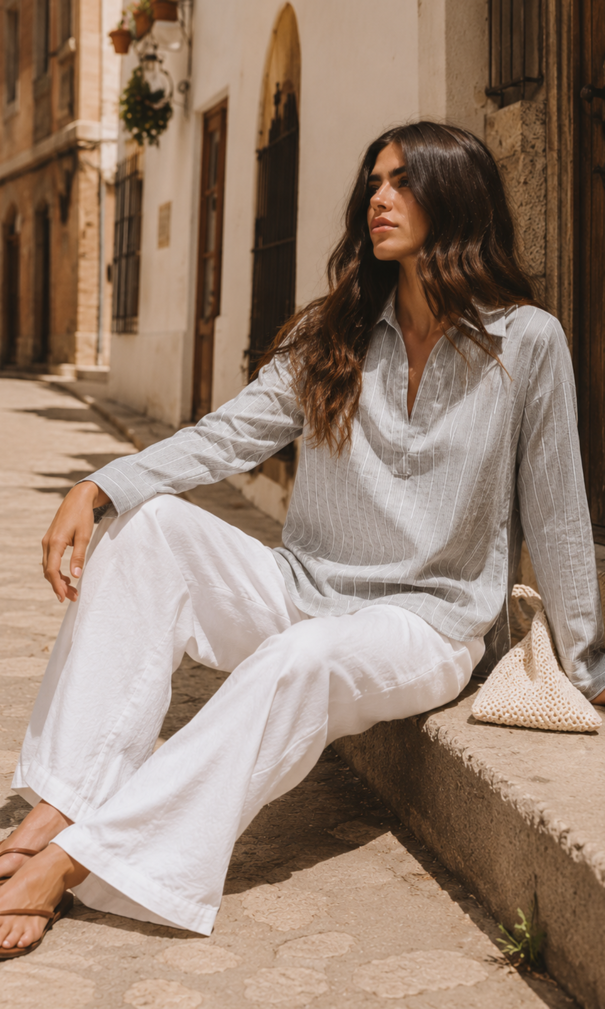 Taupe Stripe Popover Top