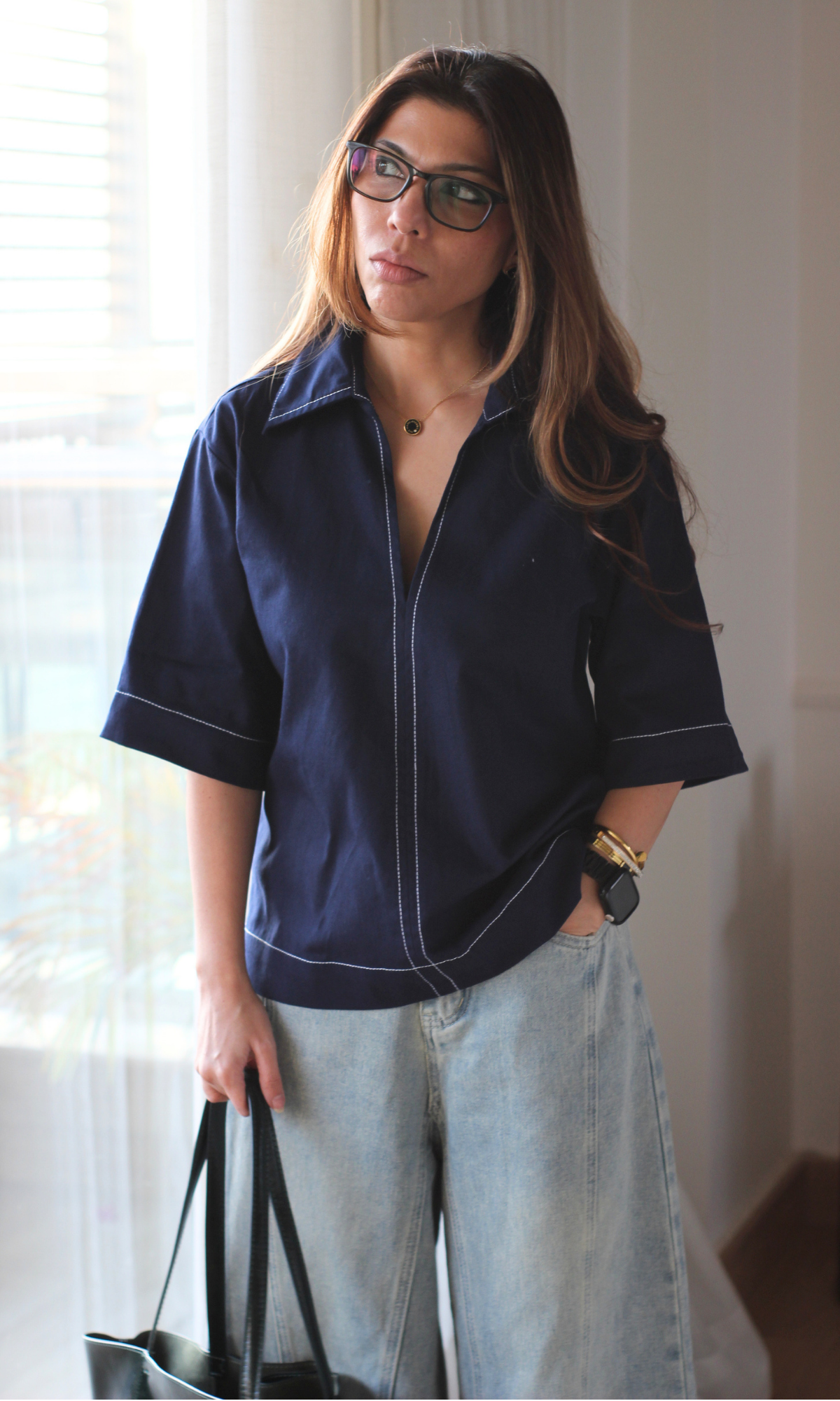 Cobalt Contrast Stitch Boxy V-Neck Top