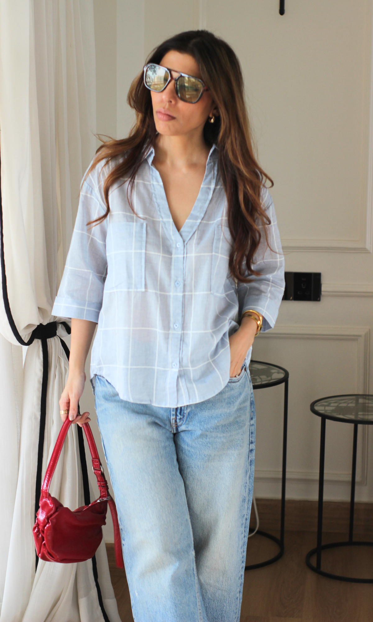 Grey Windowpane Loose Shirt