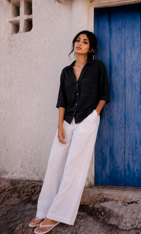 Black Metallic Button Boxy Shirt