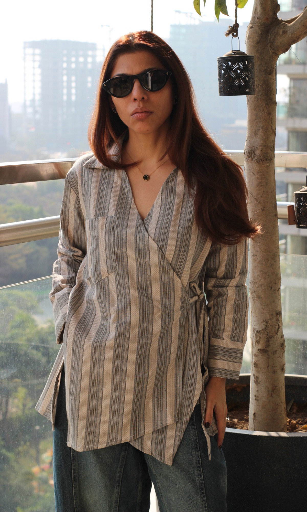 Greige Linear Cuts Detail Kimono Top