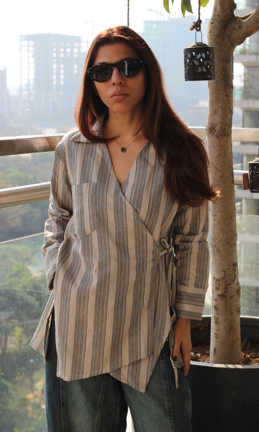 Greige Linear Cuts Detail Kimono Top