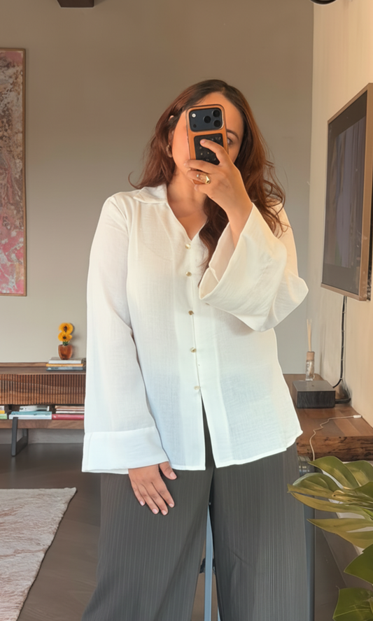 Semi-Sheer White Flared Sleeve Shirt