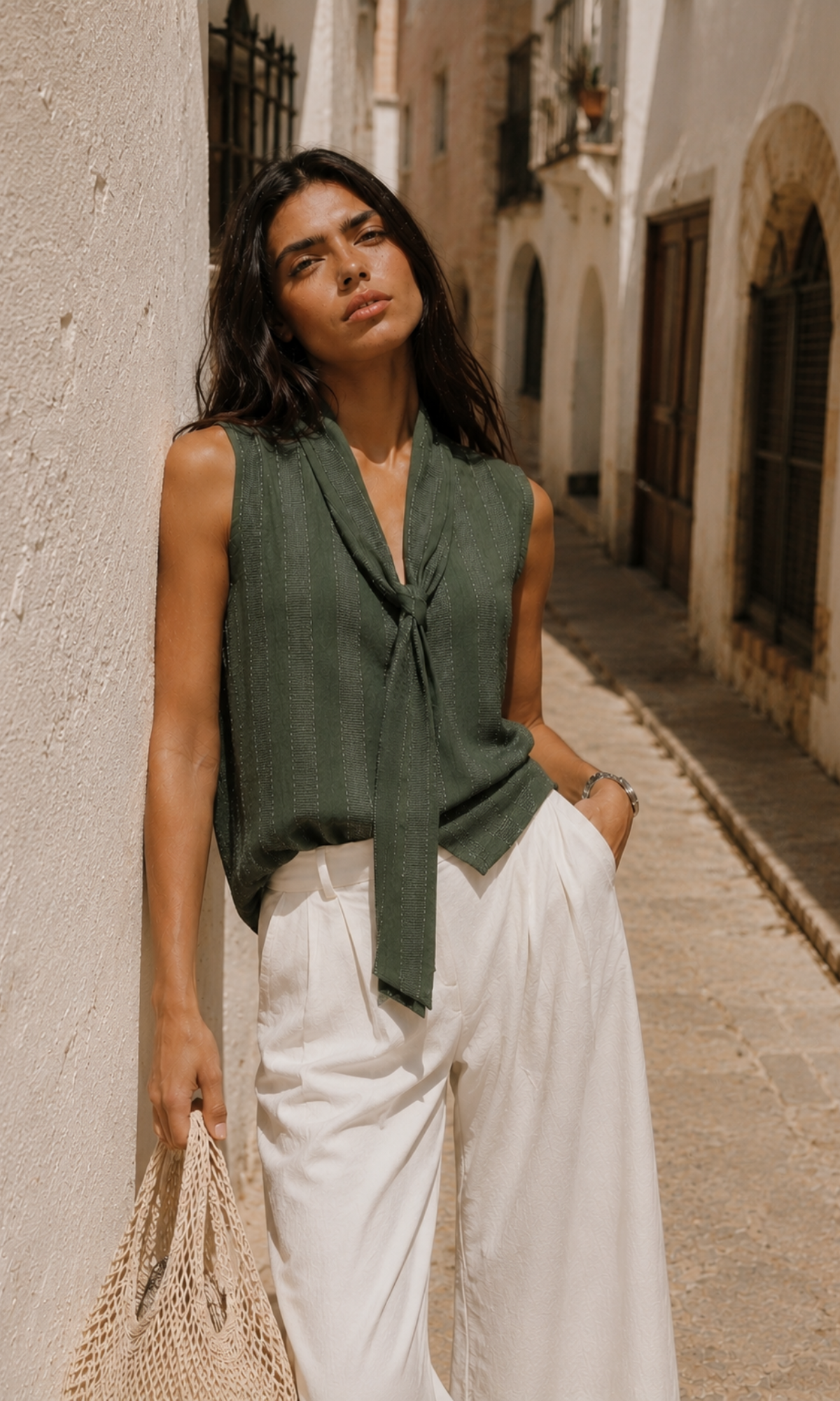 Green Textured Weave Tie-Neck Top