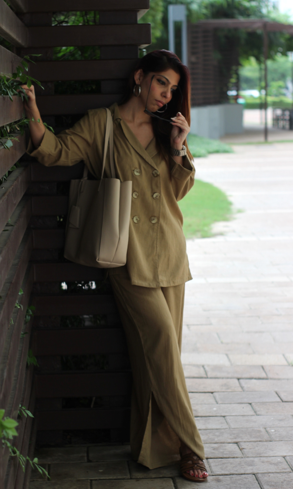 Wheat Blazer Top with Slit Pants Co-ord