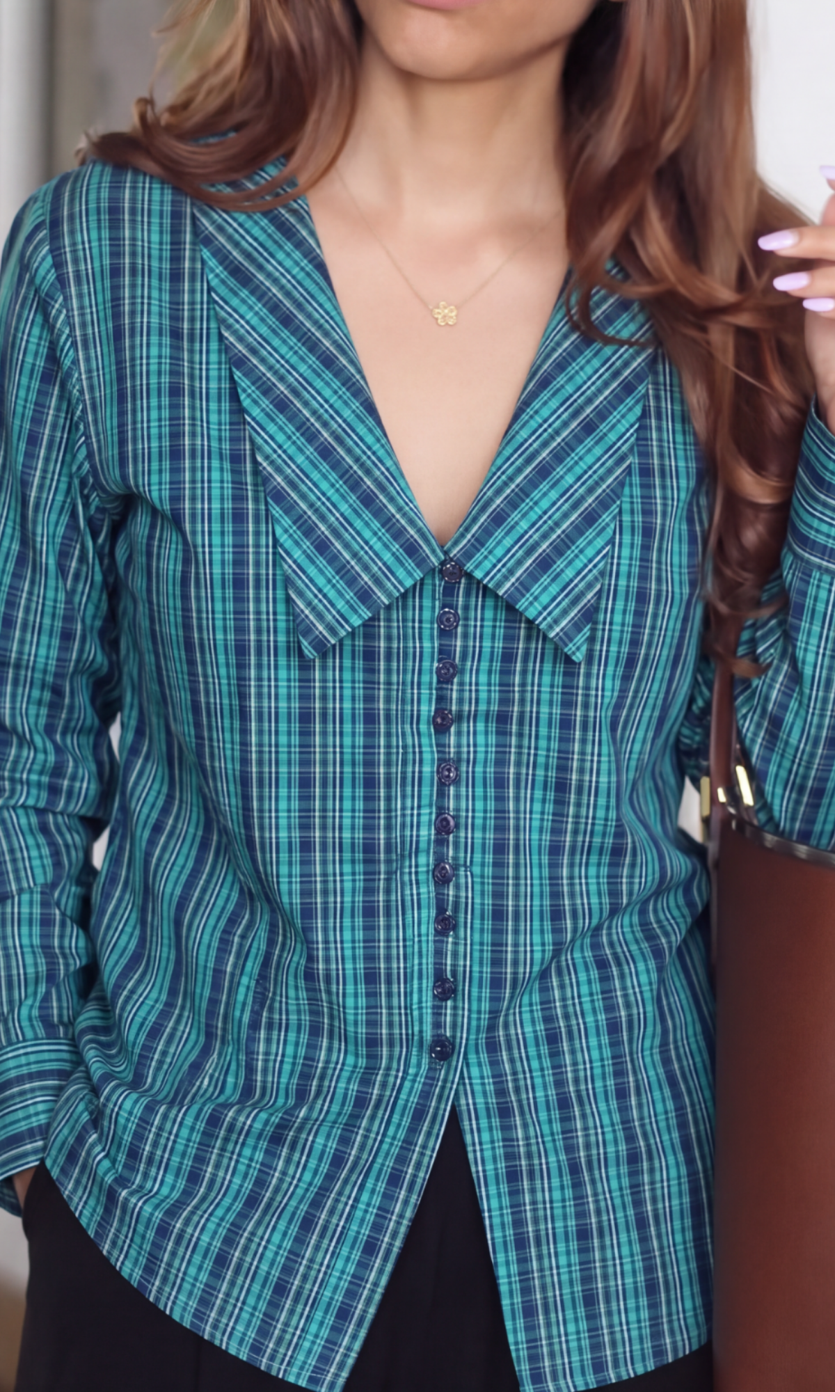 Teal Tartan Oversized Collar Shirt