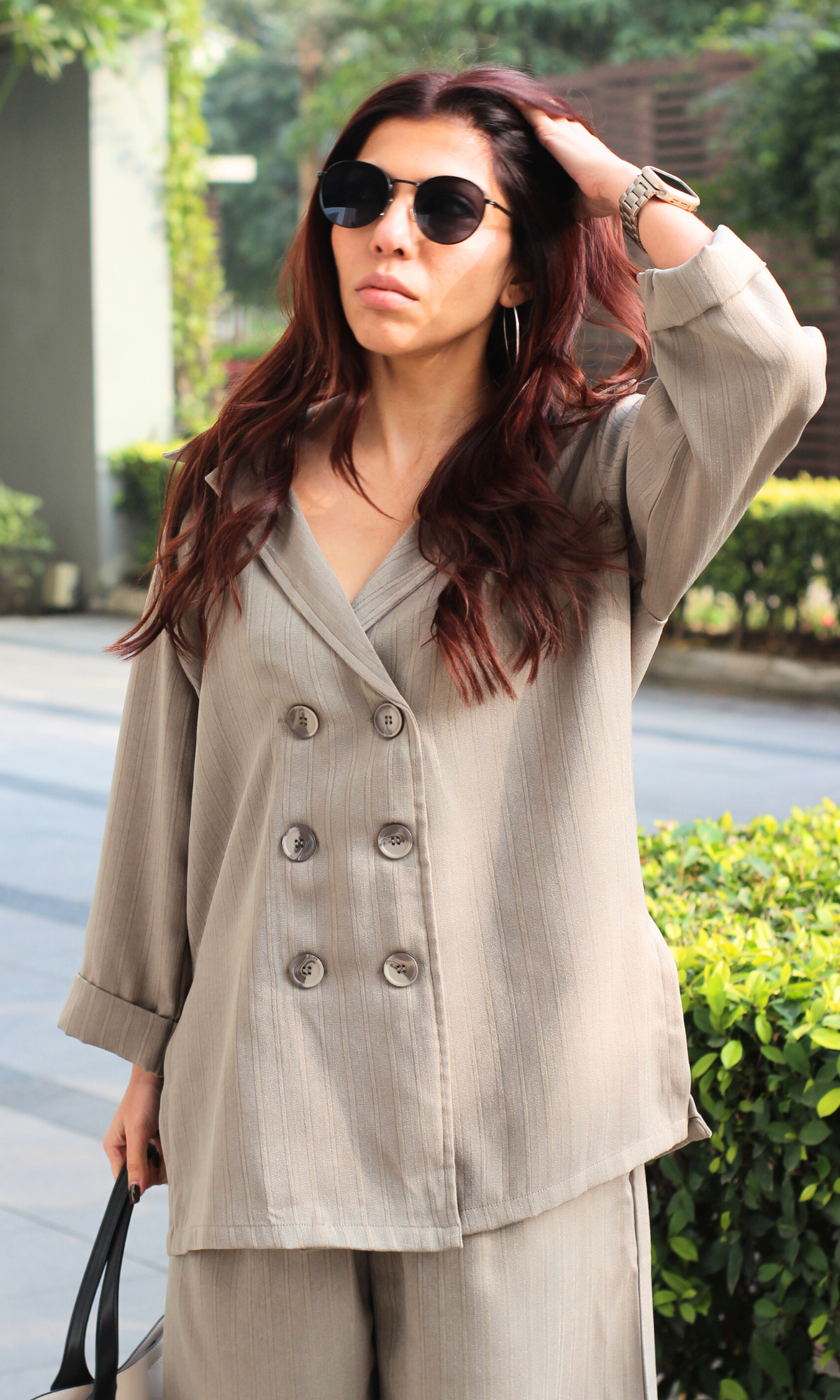 Olive Striped Blazer Top with Slit Pants Co-ord