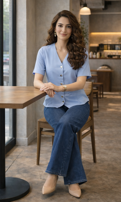 Light Blue Sleeved Metallic Buttoned Waist Coat