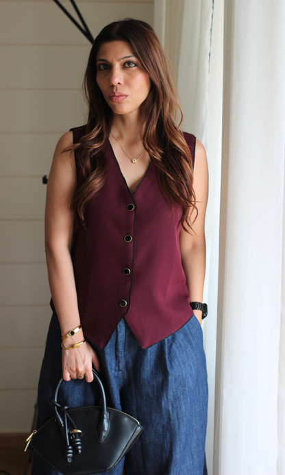 Wine Noir Piped Waist Coat