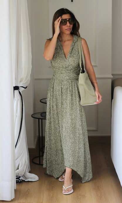 Olive Deer-Print Wrap Handkerchief Hem Midi Dress