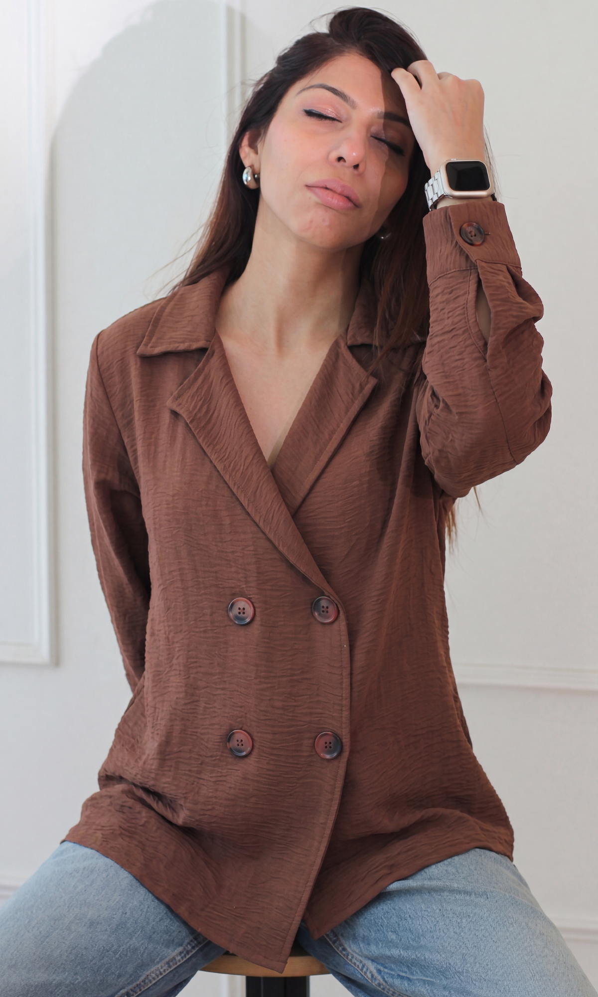 Mocha Crinkle Double-Breasted Jacket