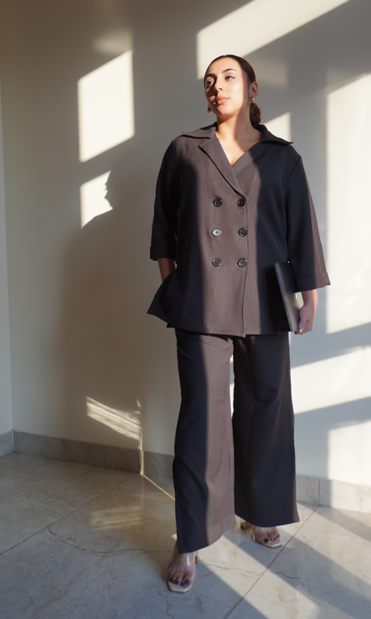 Charcoal Striped Blazer Top with Slit Pants Co-ord