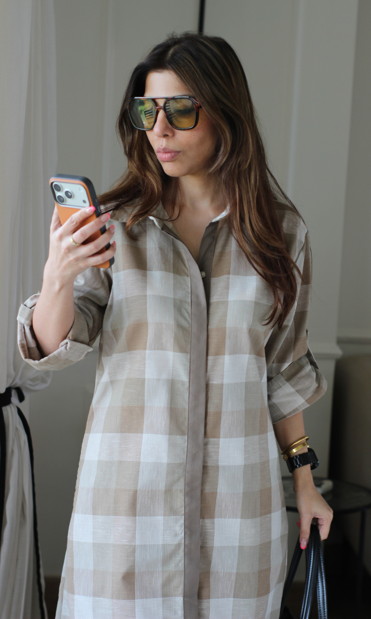 Contrast Checkered Shirt Dress