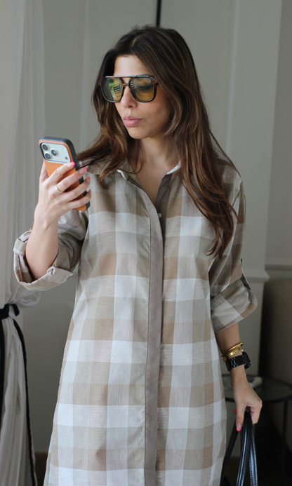 Contrast Checkered Shirt Dress