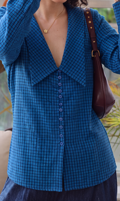 Cobalt Blue Check Oversized Collar Shirt