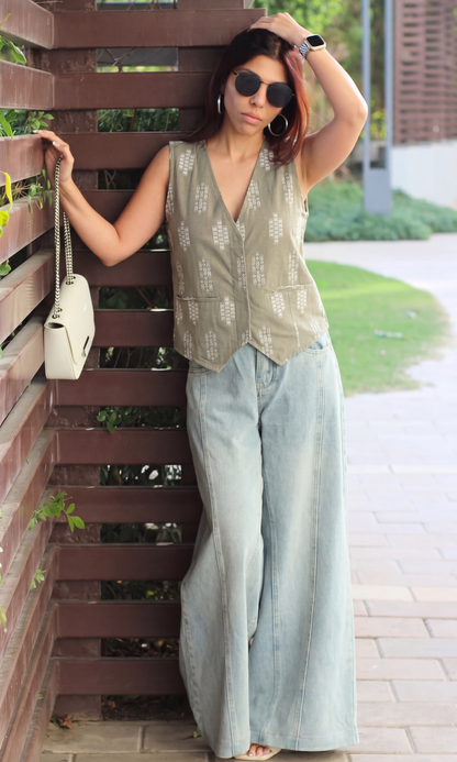 Light Olive Weaved Waistcoat