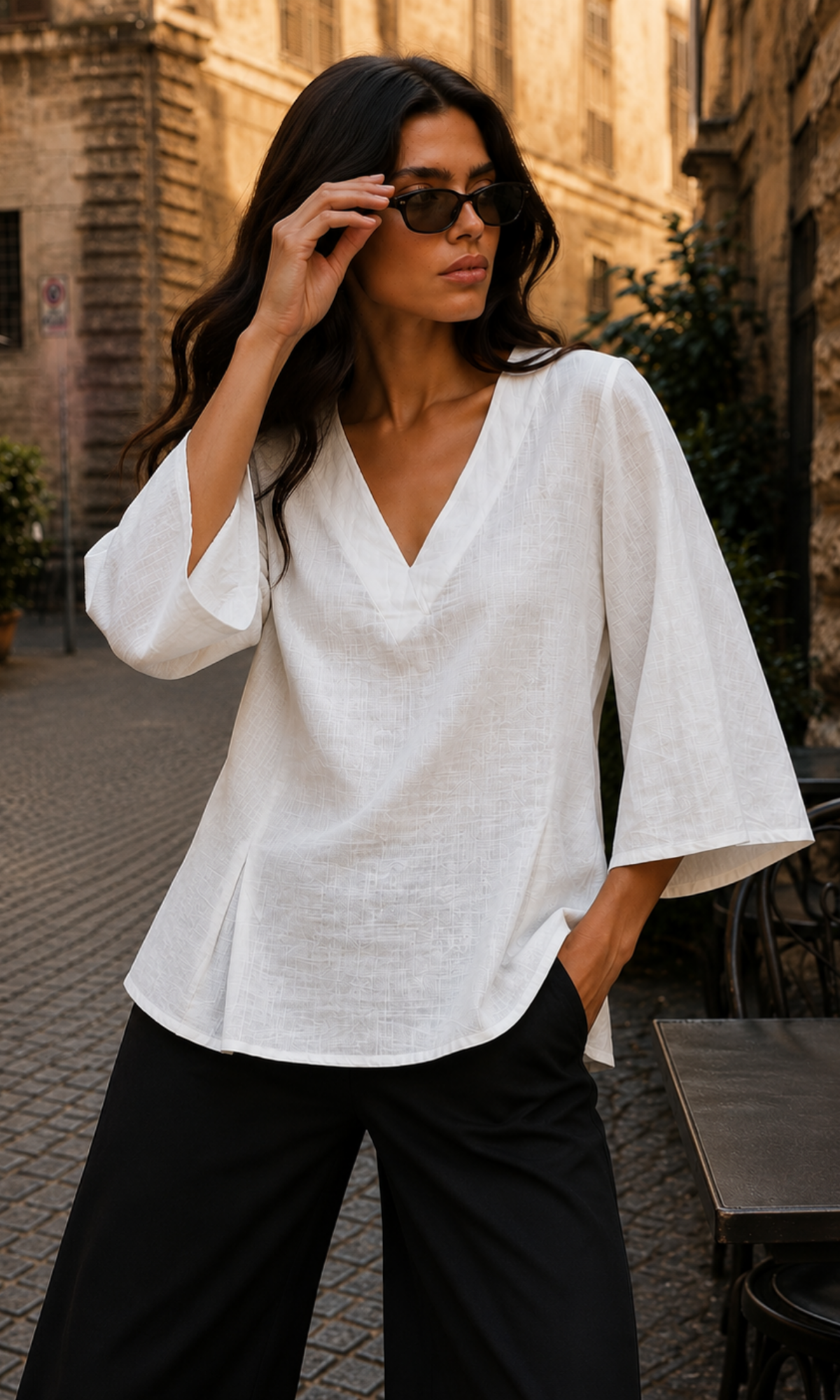 White Textured Pleated V-Neck Top