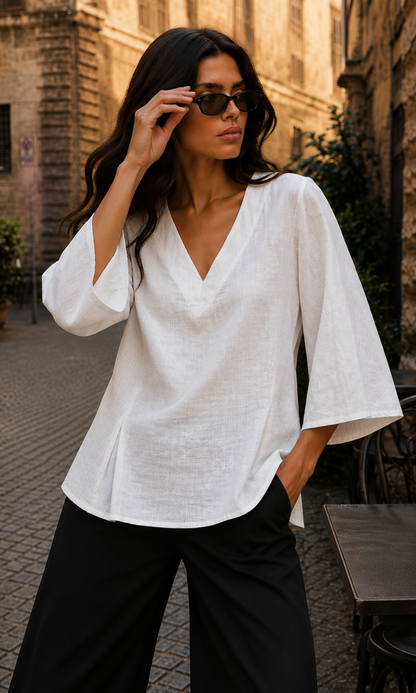White Textured Pleated V-Neck Top