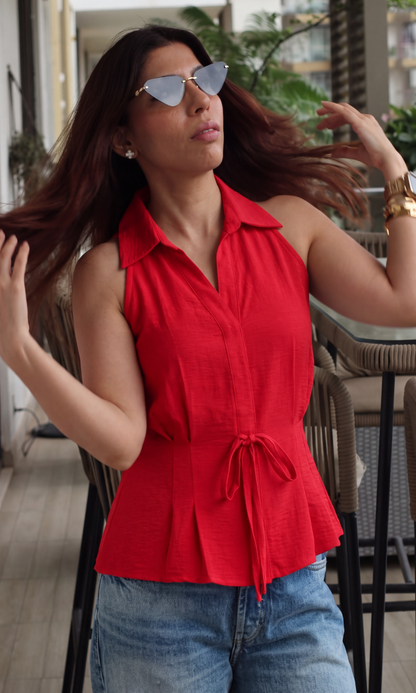 Poppy Red Tie Detail Top