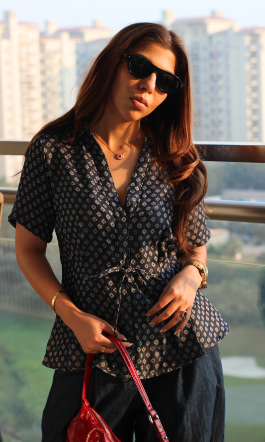 Midnight Dobby Tie Detail Top