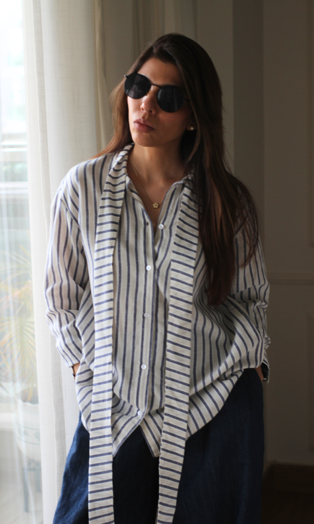 Navy Pinstripe Bow-Tie Shirt