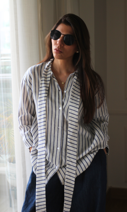 Navy Pinstripe Bow-Tie Shirt