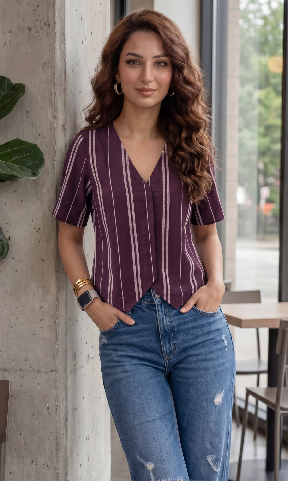 Linear Wine Sleeved Cotton Waistcoat