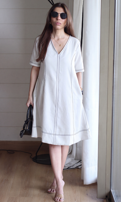 White Contrast-Stitch A-Line Dress