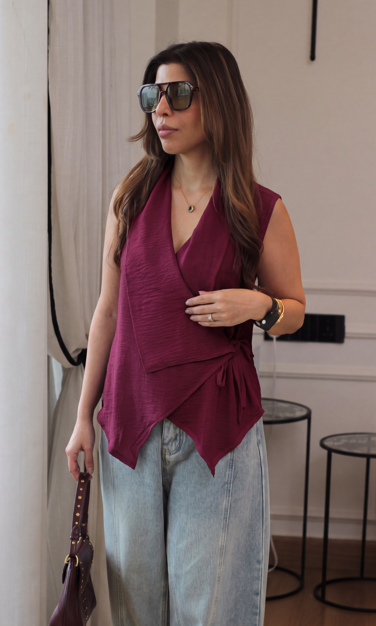 Wine Asymmetric Wrap Top