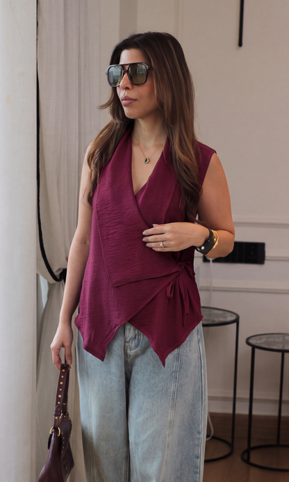 Wine Asymmetric Wrap Top