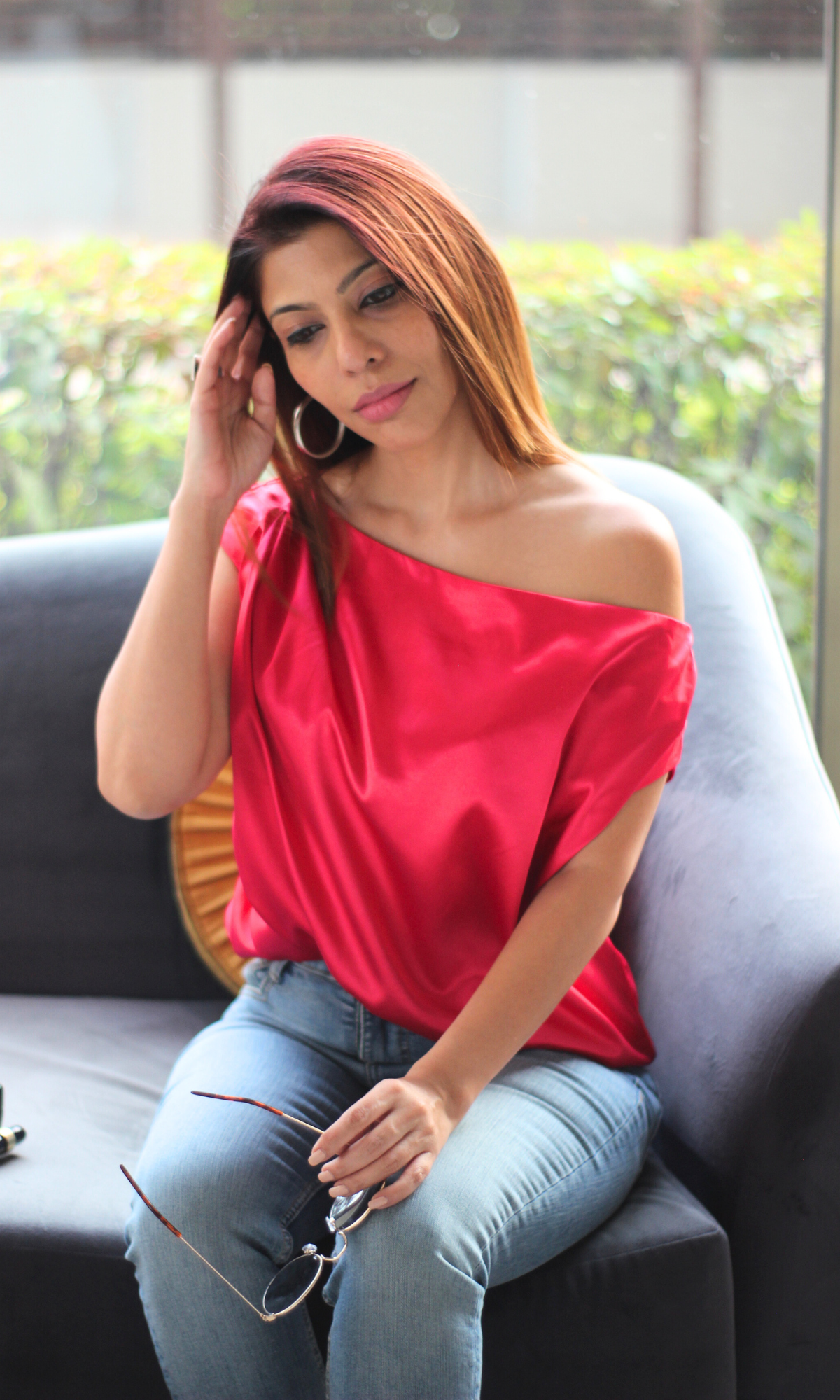 Red Pink One-Shoulder Top