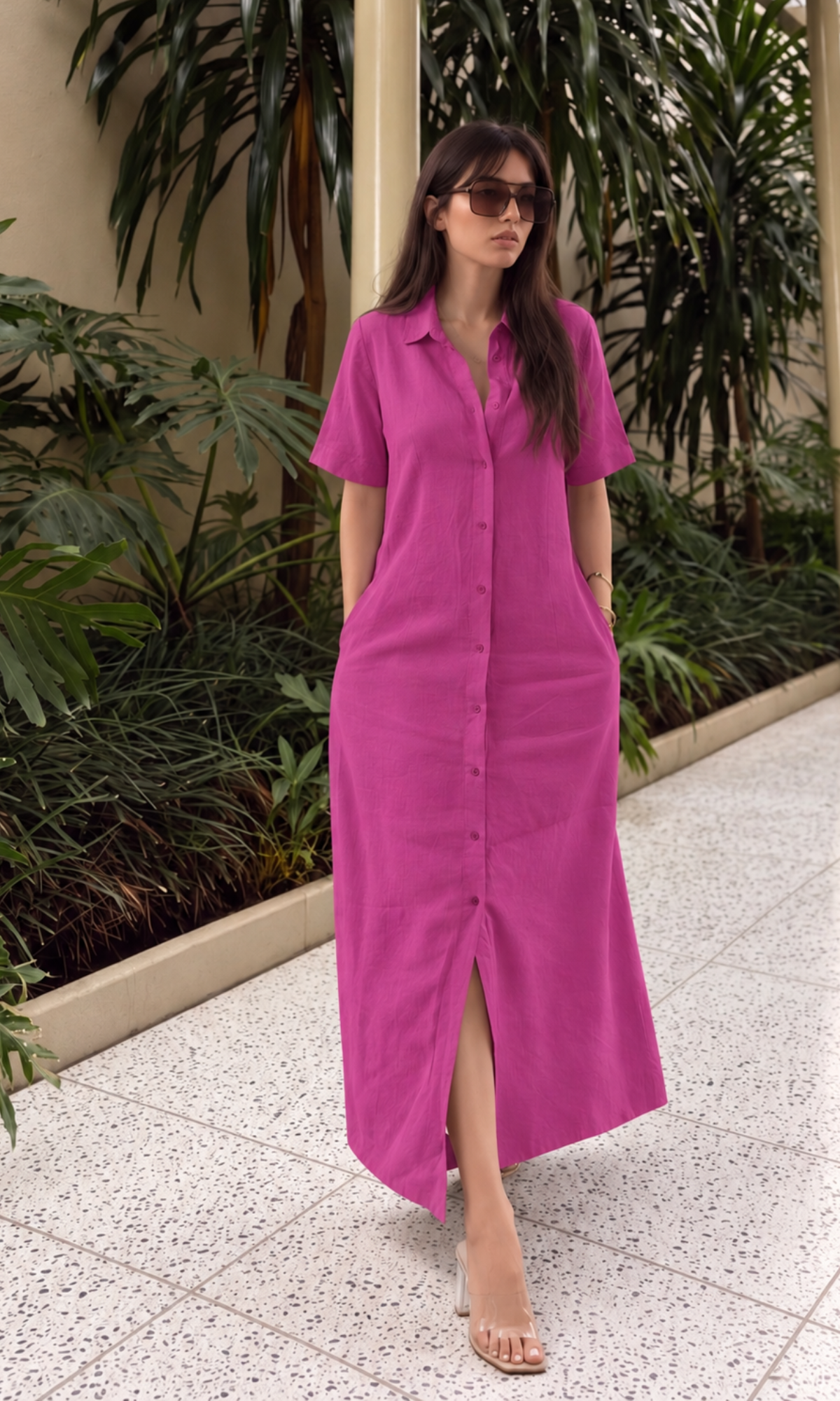 Fuchsia Pink A-Line Maxi Shirt Dress