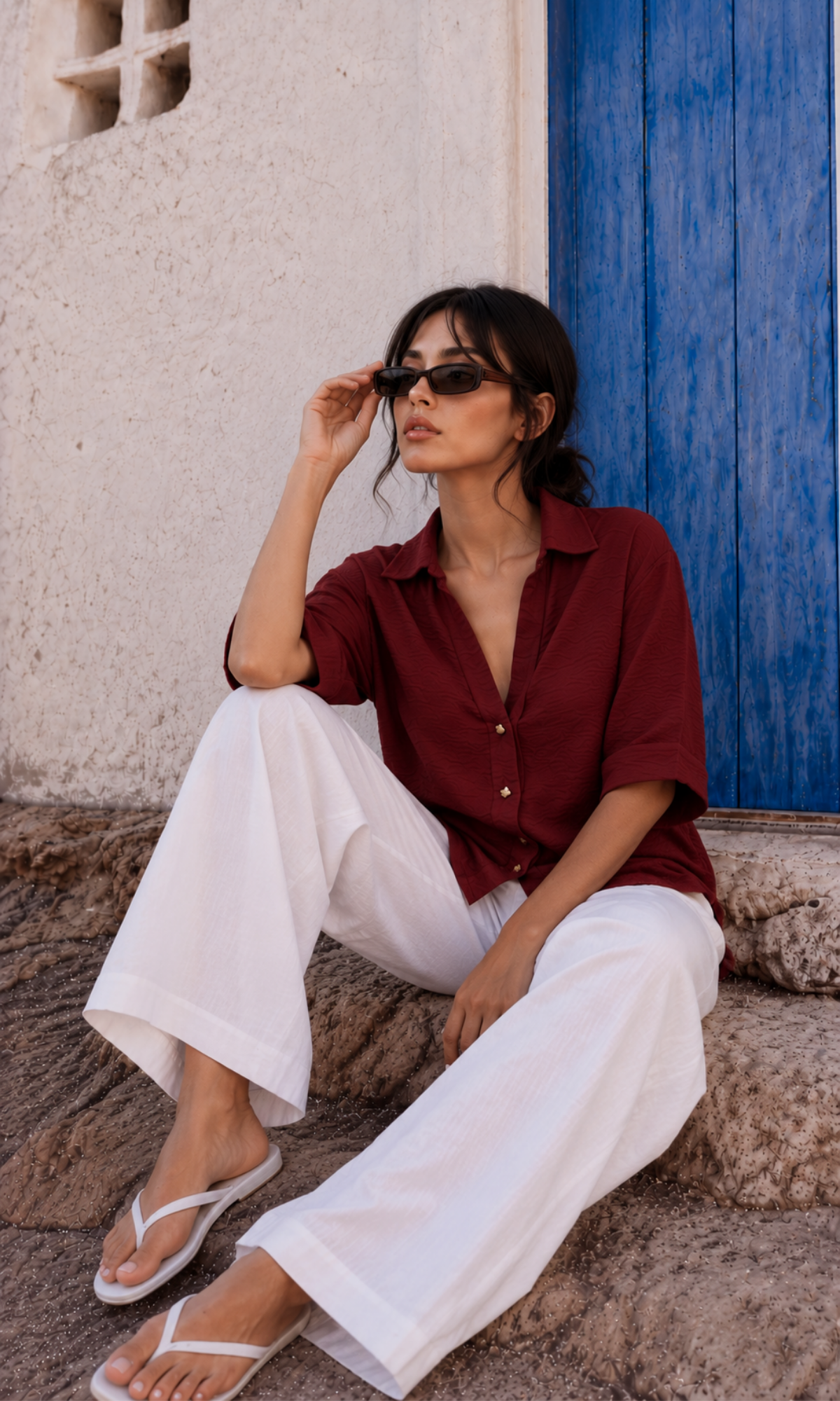 Brick Red Metallic-Button Boxy Shirt