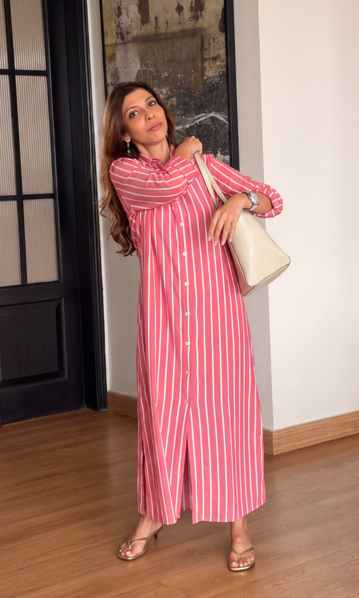 Brick Red Stripe Cotton Shirt-Dress