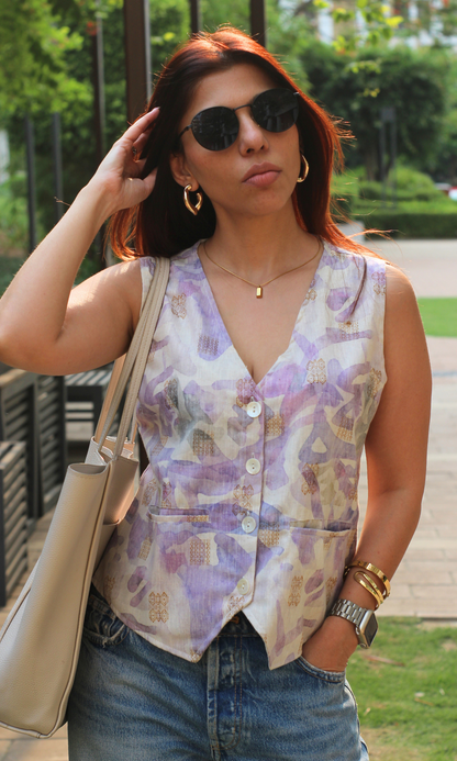 Thistle Purple Abstract Print Waist Coat